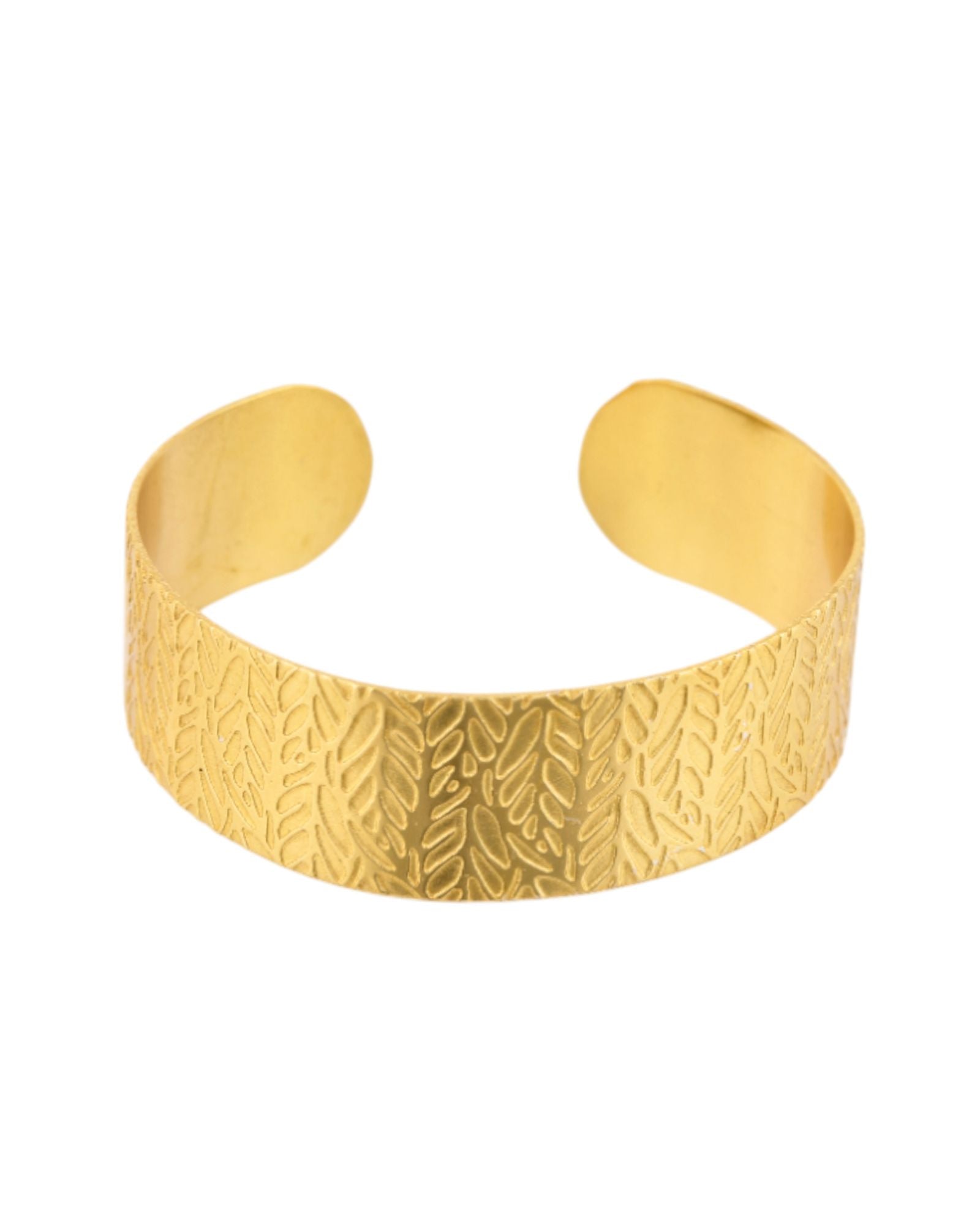 Jewels Nest Gold-Tone Anti- Tarnish Leaf Textured Wide Cuff Bangle For Women