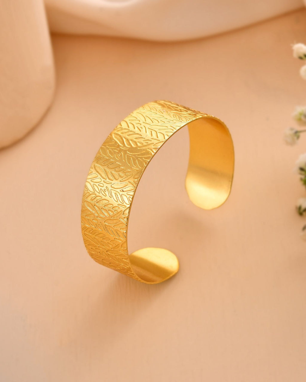 Jewels Nest Gold-Tone Anti- Tarnish Leaf Textured Wide Cuff Bangle For Women