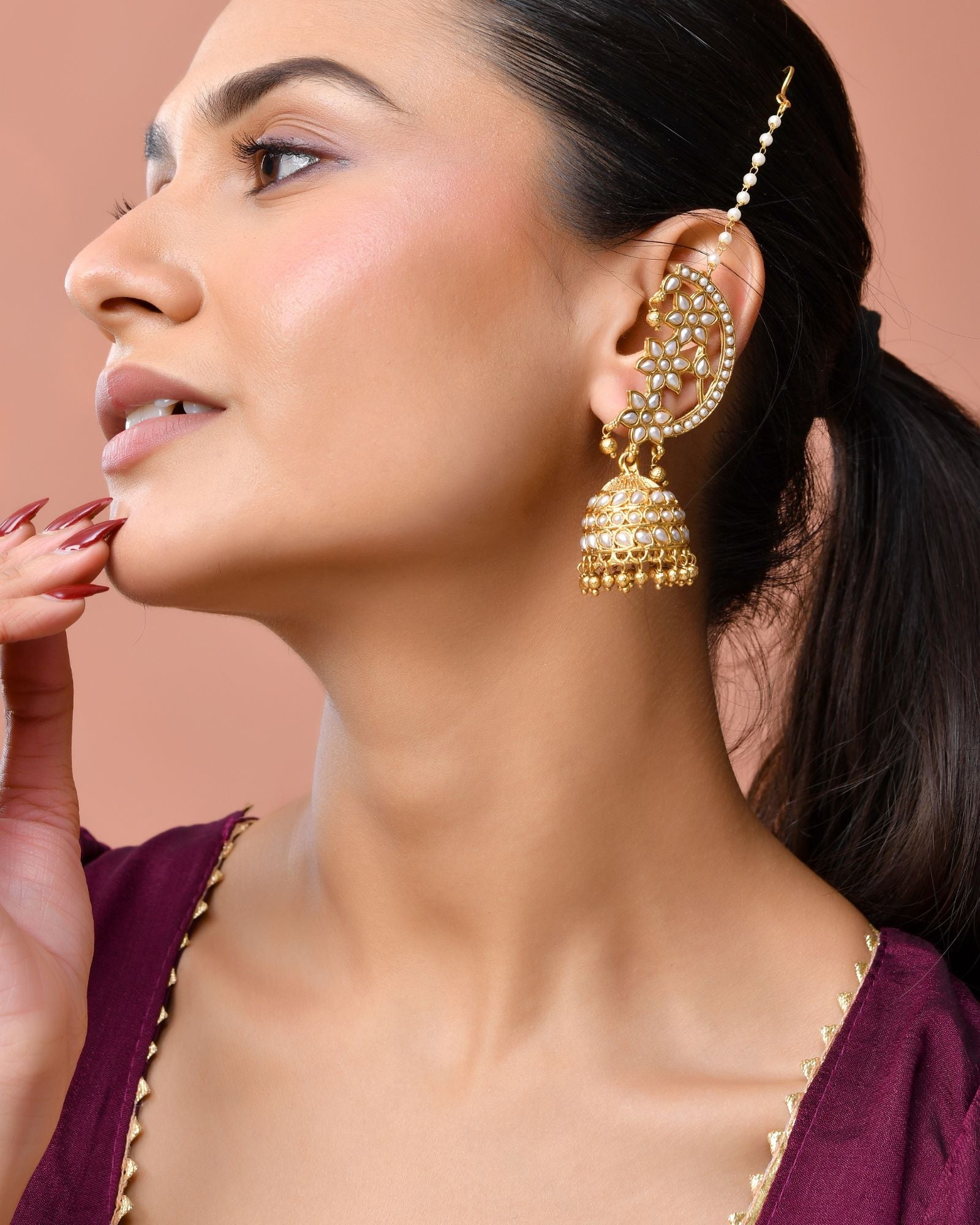 Jewels Nest Gold-Tone Kundan Ear Cuff Jhumka Earrings With Pearl Chain