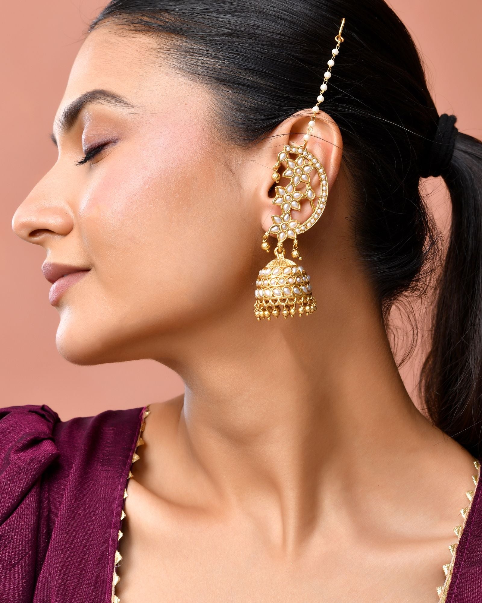 Jewels Nest Gold-Tone Kundan Ear Cuff Jhumka Earrings With Pearl Chain