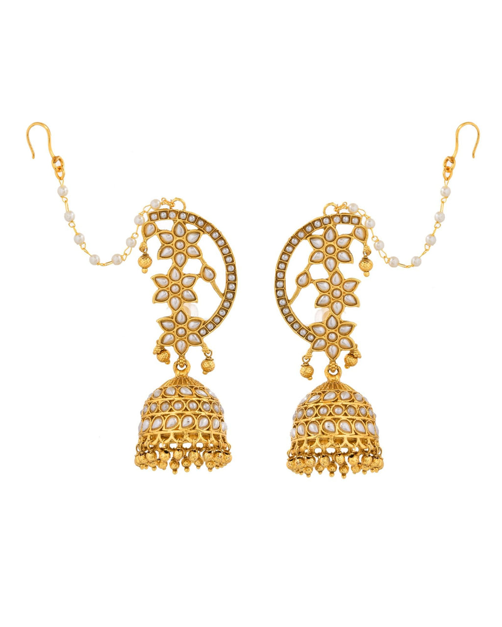 Jewels Nest Gold-Tone Kundan Ear Cuff Jhumka Earrings With Pearl Chain