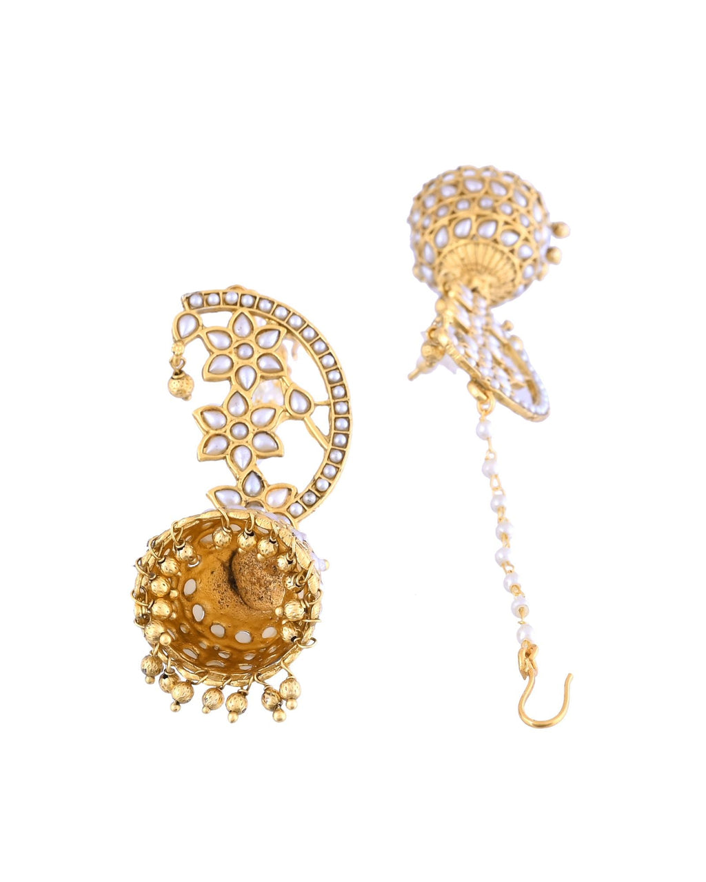 Jewels Nest Gold-Tone Kundan Ear Cuff Jhumka Earrings With Pearl Chain