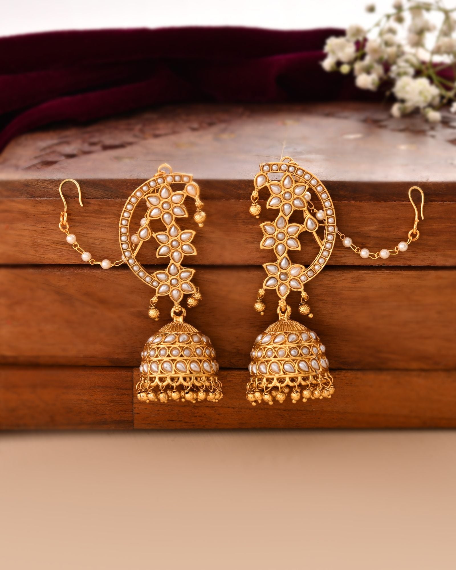 Jewels Nest Gold-Tone Kundan Ear Cuff Jhumka Earrings With Pearl Chain