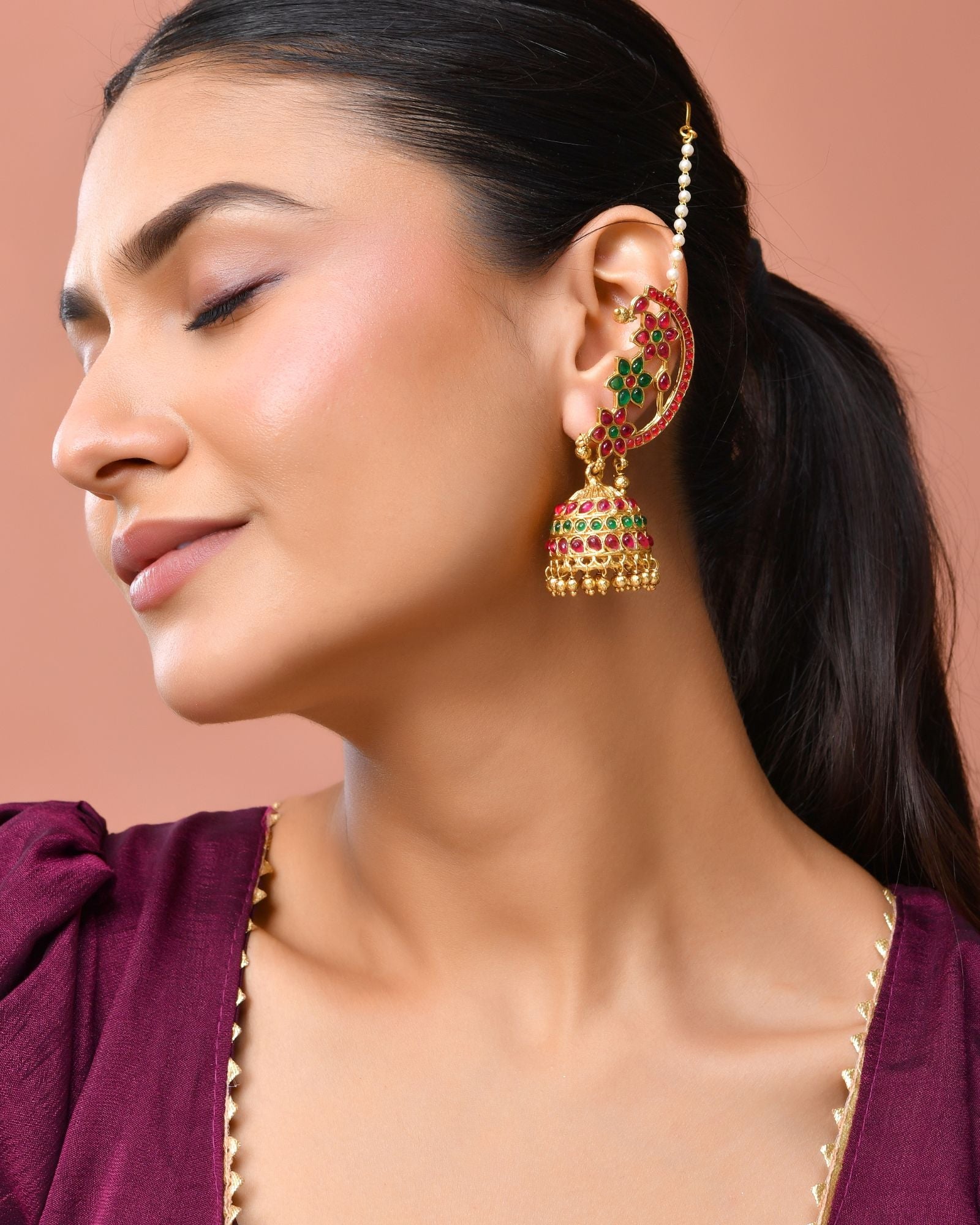 Jewels Nest Gold-Tone Kundan Floral Ear Cuff Jhumka Earrings With Pearl Chain