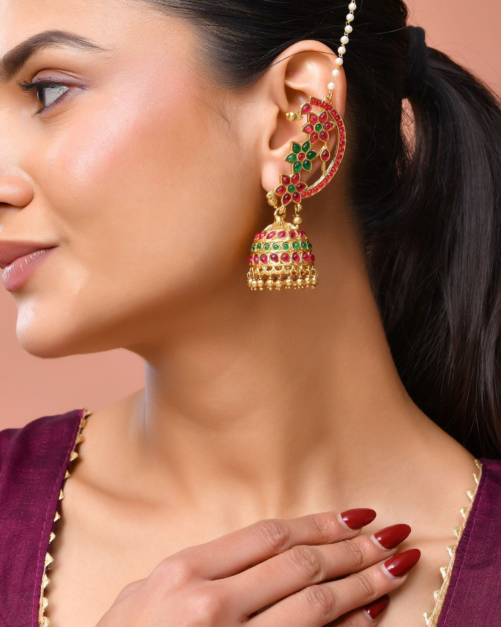 Jewels Nest Gold-Tone Kundan Floral Ear Cuff Jhumka Earrings With Pearl Chain