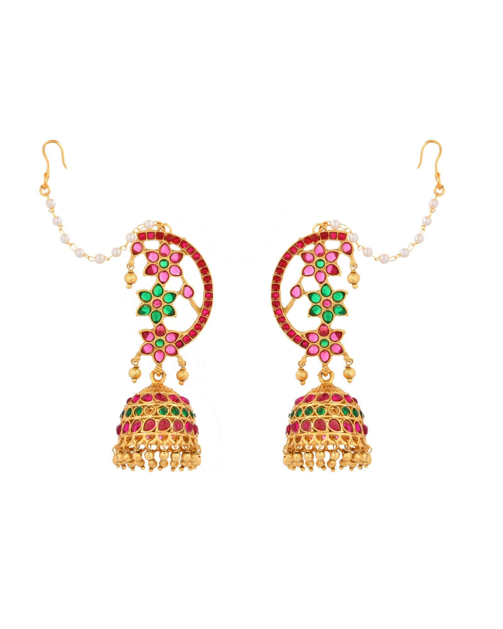 Jewels Nest Gold-Tone Kundan Floral Ear Cuff Jhumka Earrings With Pearl Chain