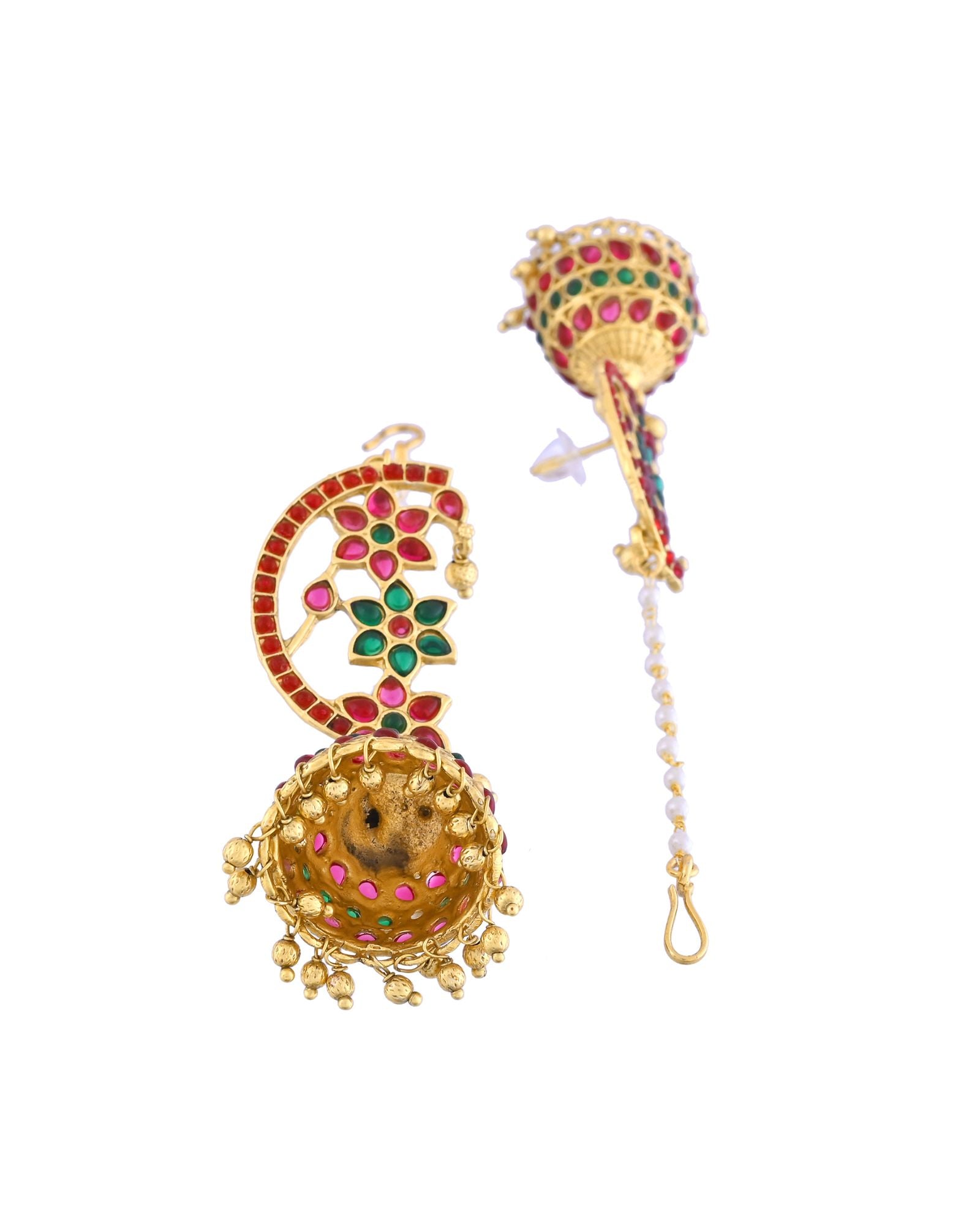 Jewels Nest Gold-Tone Kundan Floral Ear Cuff Jhumka Earrings With Pearl Chain