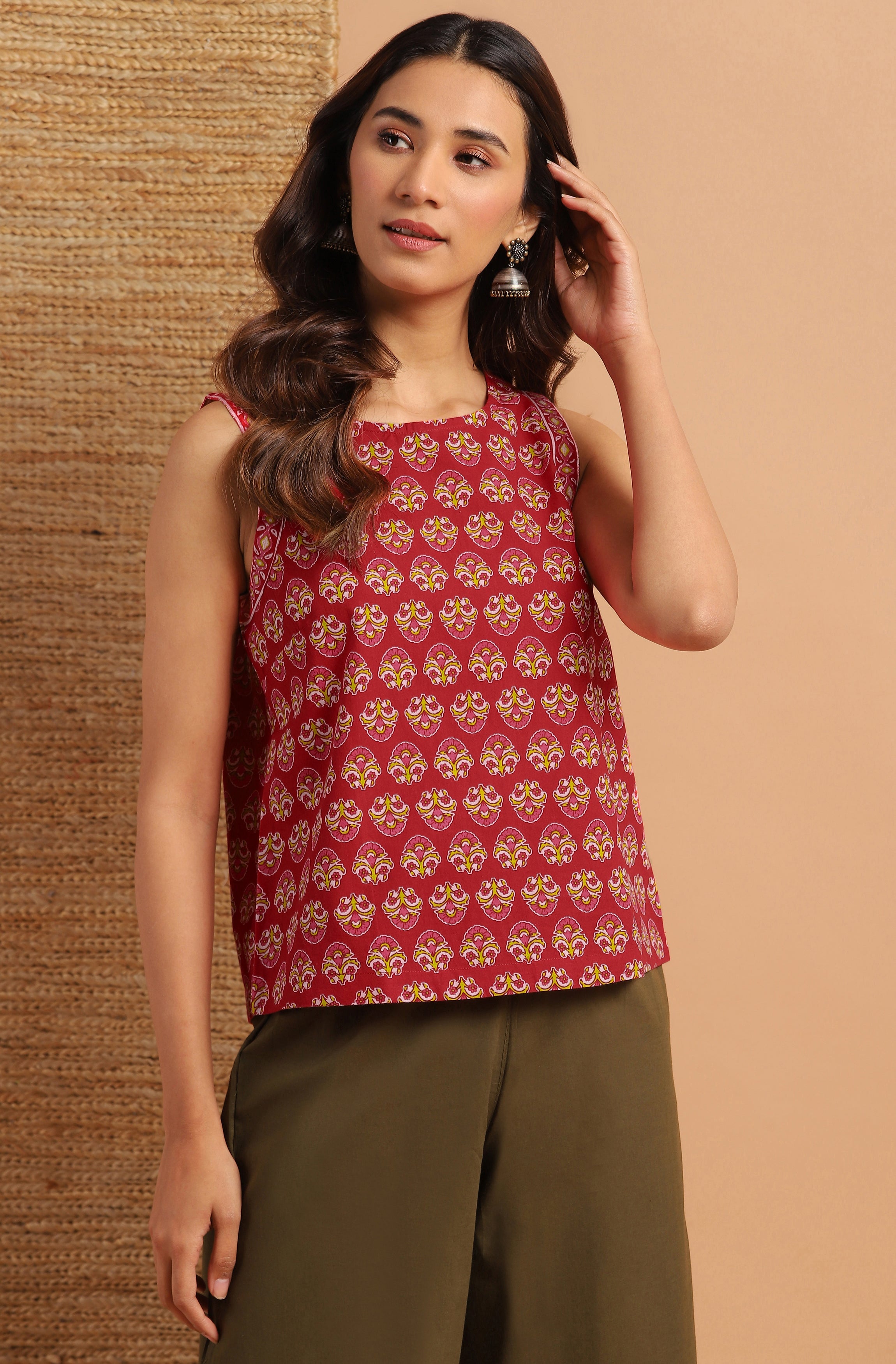 Janasya Women's Red Cotton Floral Print Regular Top