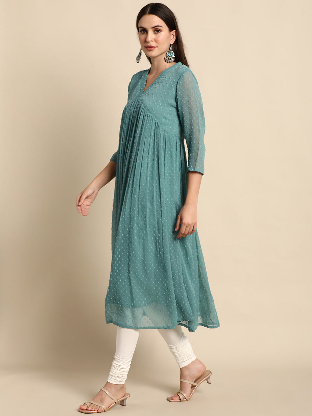 Indian Clothing Janasya Women's Green Poly Chiffon Self Design Casual Flared kurta