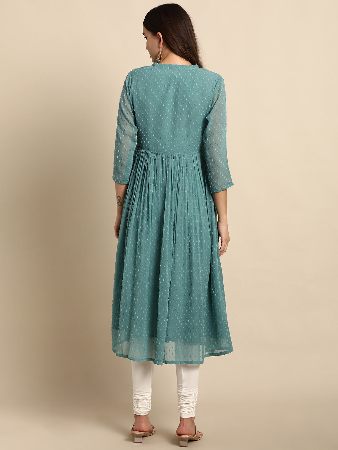 Indian Clothing Janasya Women's Green Poly Chiffon Self Design Casual Flared kurta