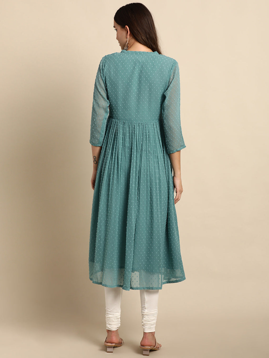 Janasya Women's Green Poly Chiffon Self Design Flared Western Dress