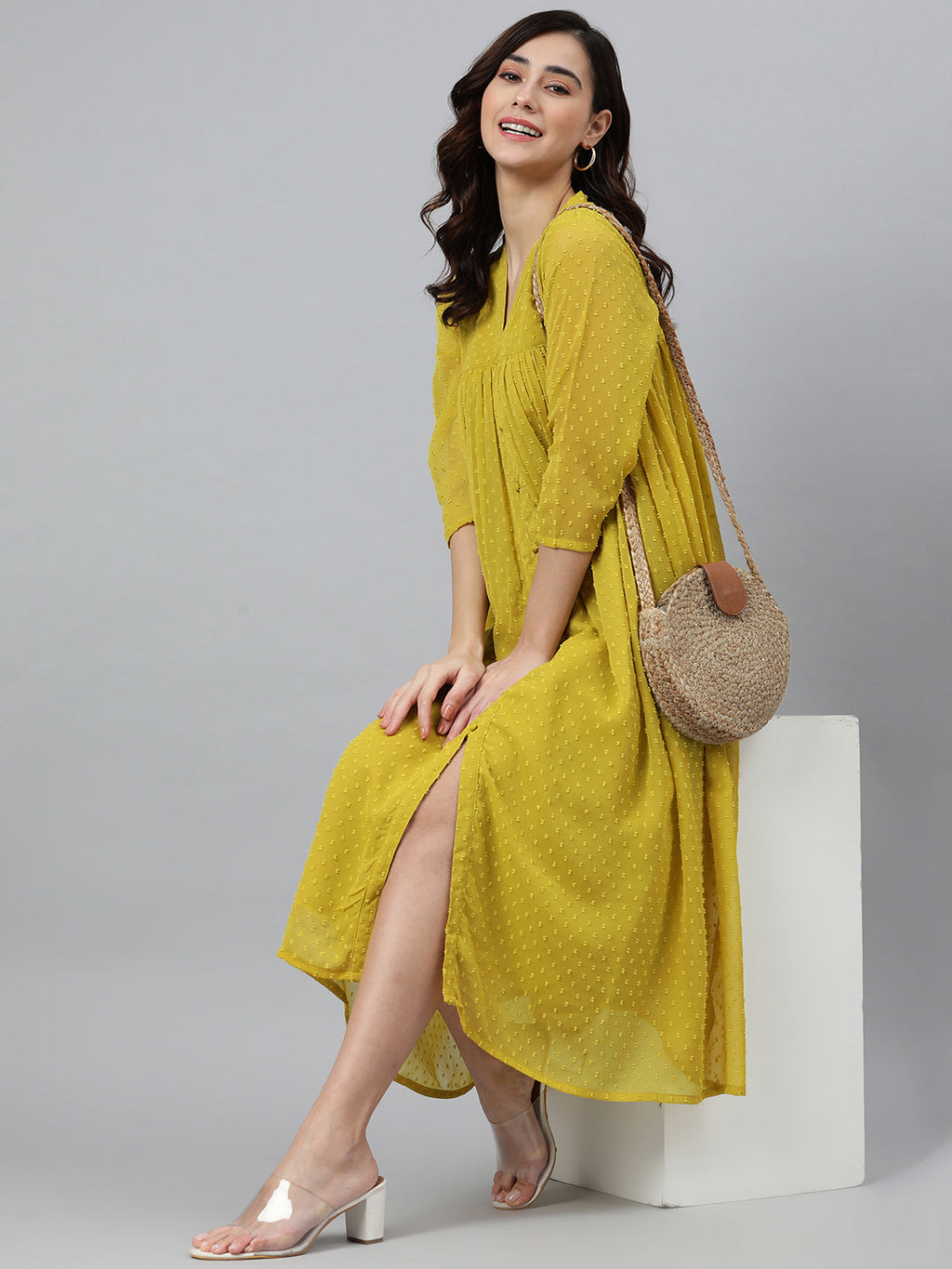 Janasya Women's Mustard Poly Chiffon Self Design Casual Frontslit kurta