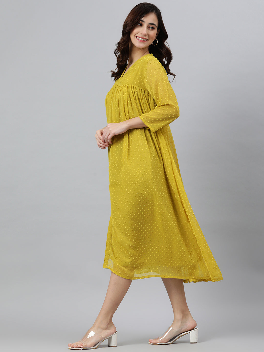 Janasya Women's Mustard Poly Chiffon Self Design Casual Frontslit kurta