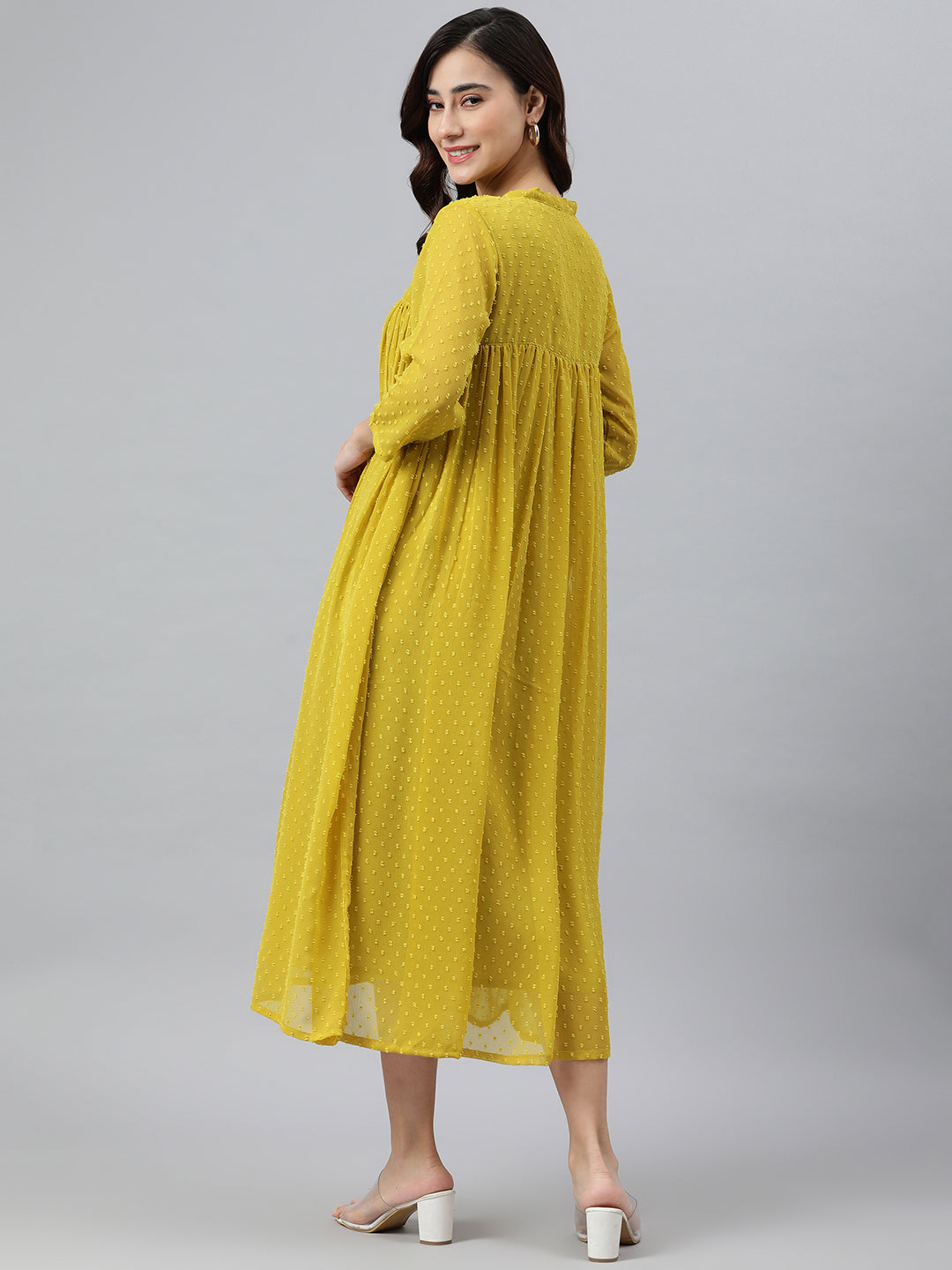 Janasya Women's Mustard Poly Chiffon Self Design Casual Frontslit kurta