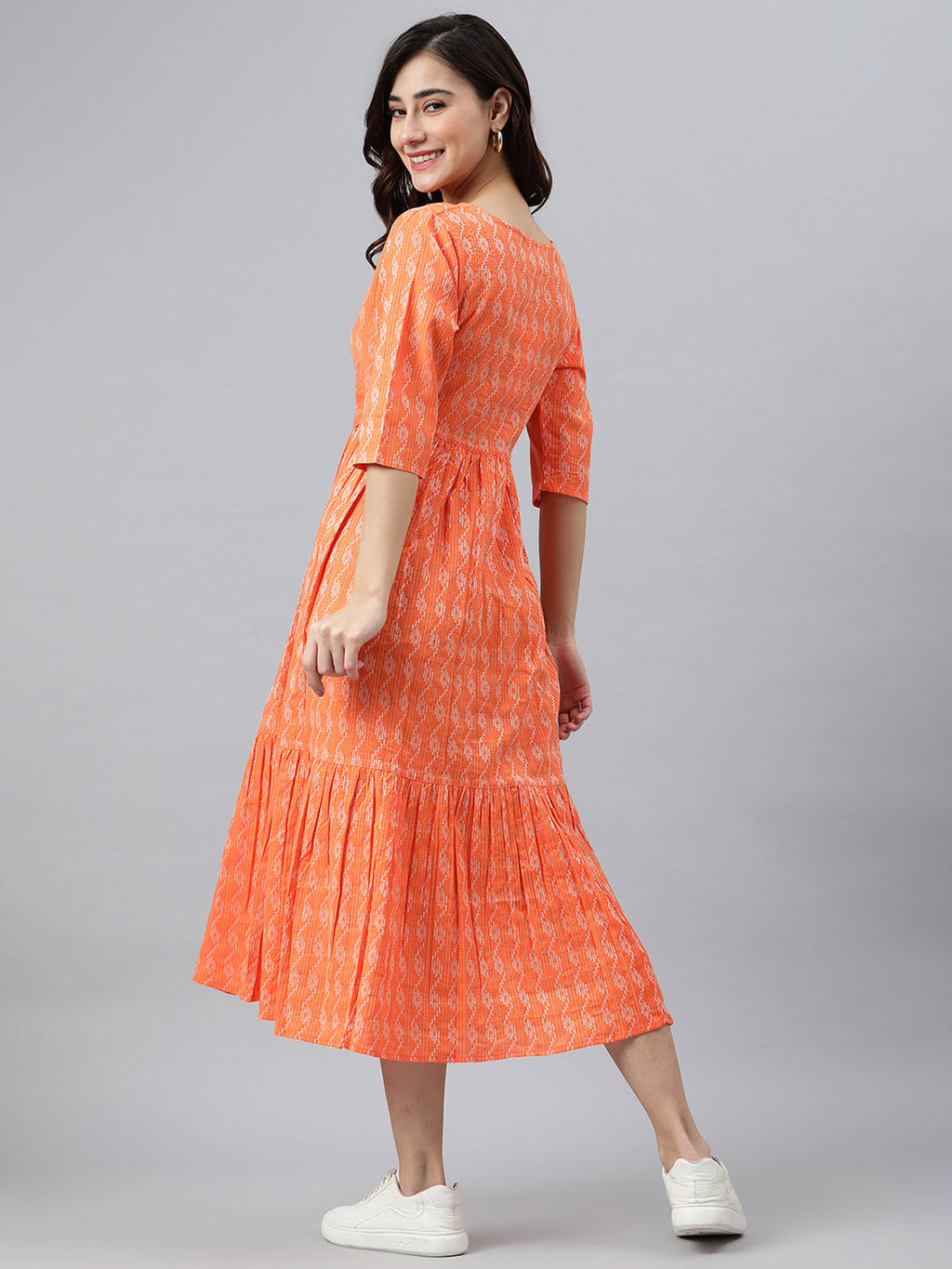 Janasya Women's Orange Cotton Woven Design Tiered Western Dress