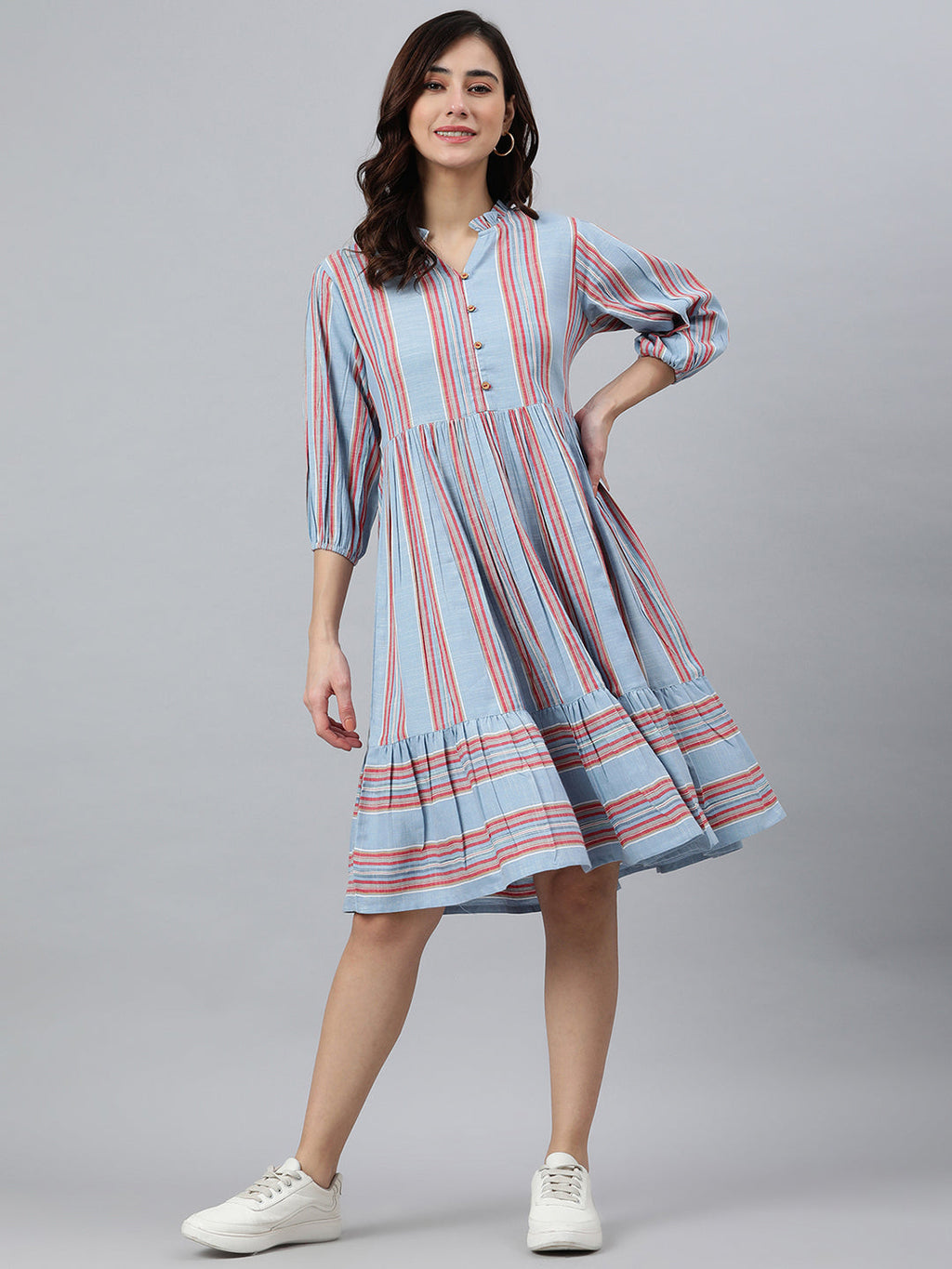 Janasya Women's Sky Blue Cotton Blend Striped Flared Western Dress