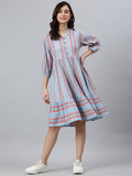 Janasya Women's Sky Blue Cotton Blend Striped Flared Western Dress