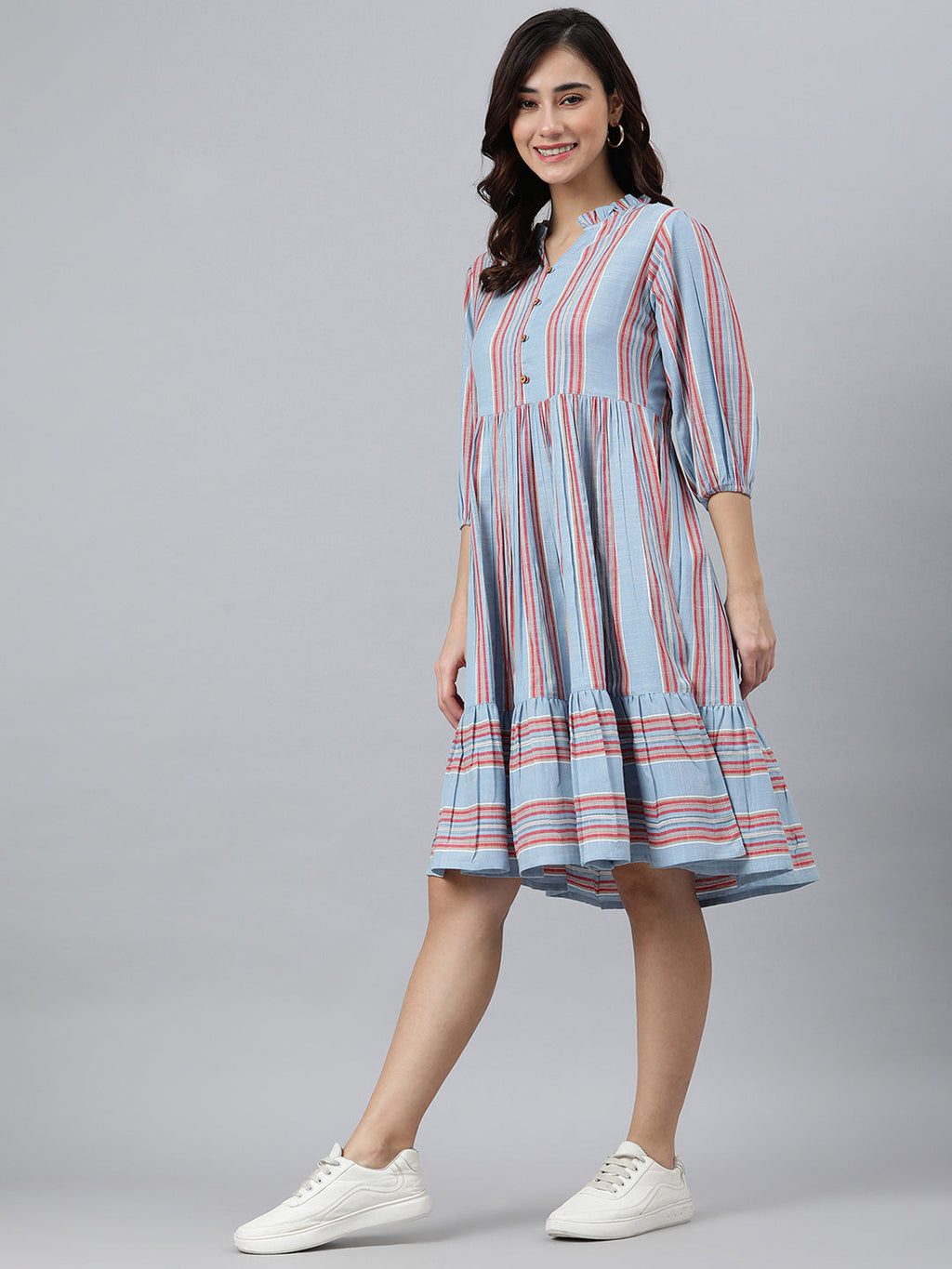 Janasya Women's Sky Blue Cotton Blend Striped Flared Western Dress