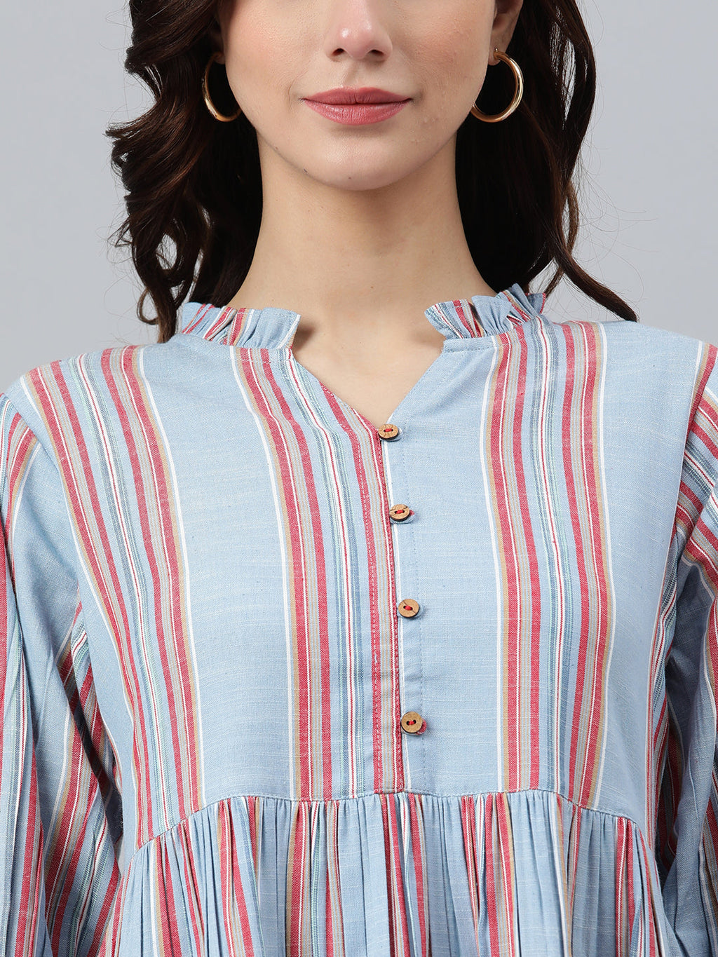 Janasya Women's Sky Blue Cotton Blend Striped Flared Western Dress