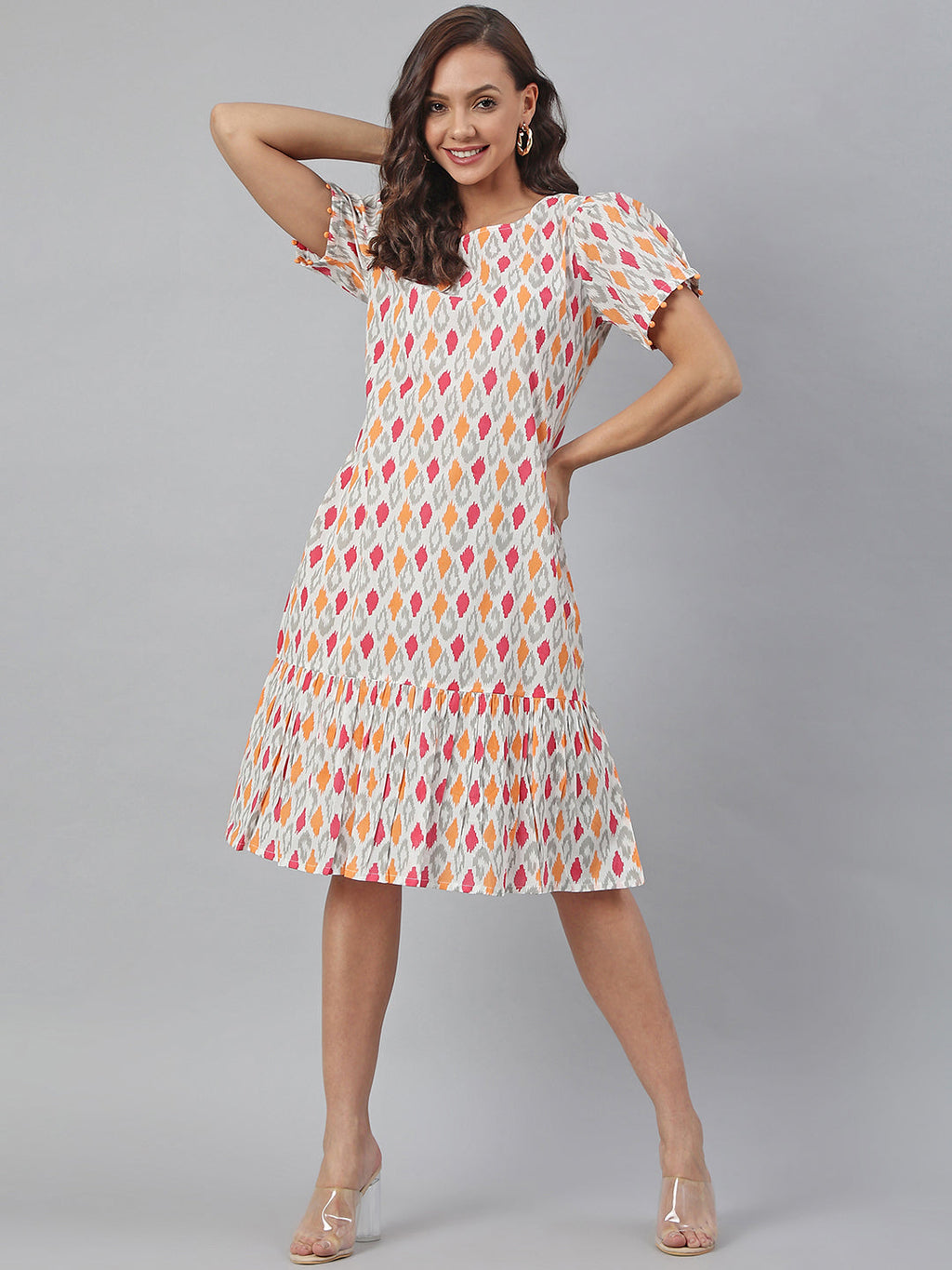 Janasya Women's Off White Cotton Printed A-line Western Dress