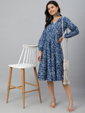 Janasya Women's Navy Blue Cotton Floral Printed Angrakha Western Dress