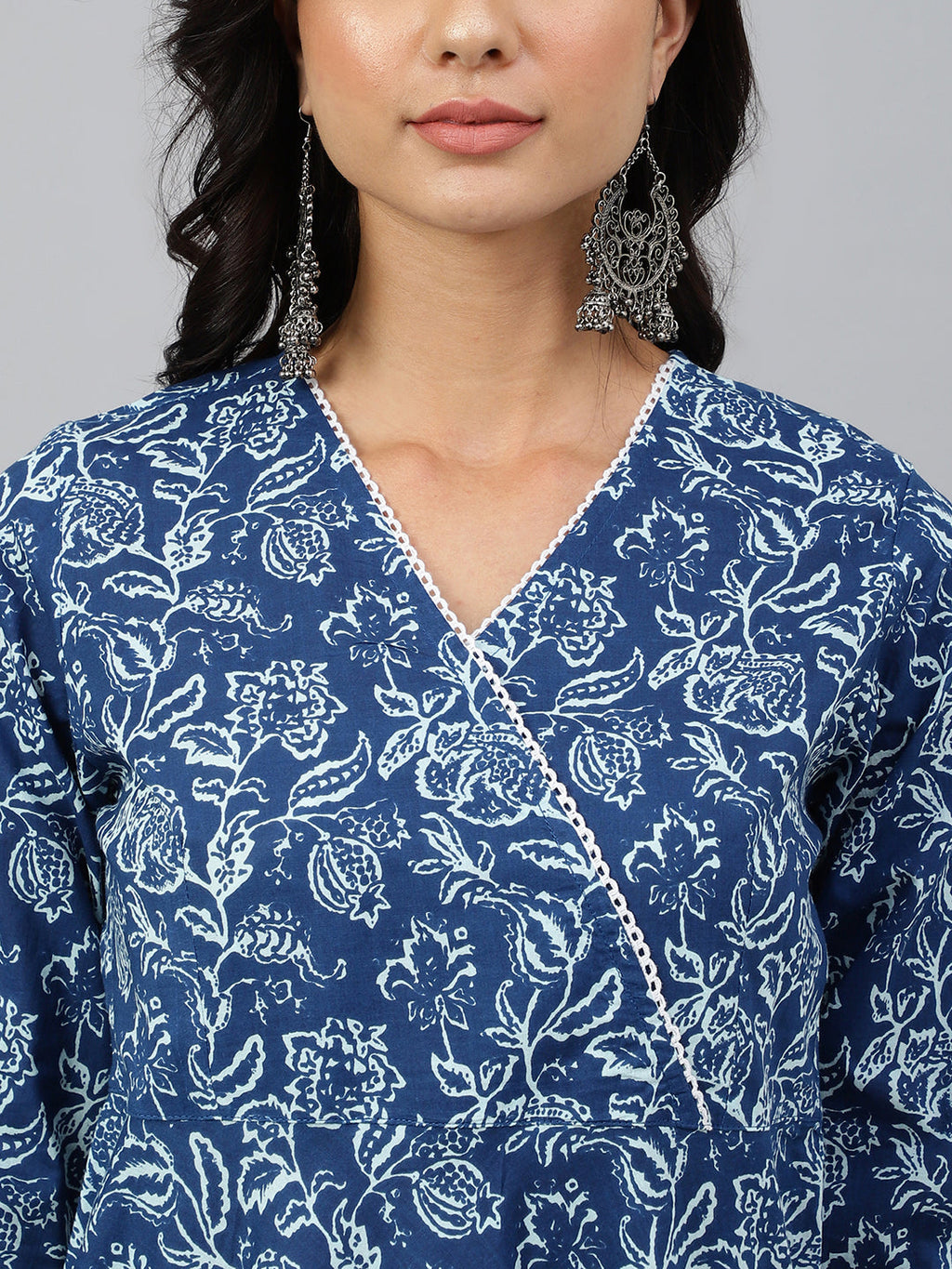 Janasya Women's Navy Blue Cotton Floral Printed Angrakha Western Dress