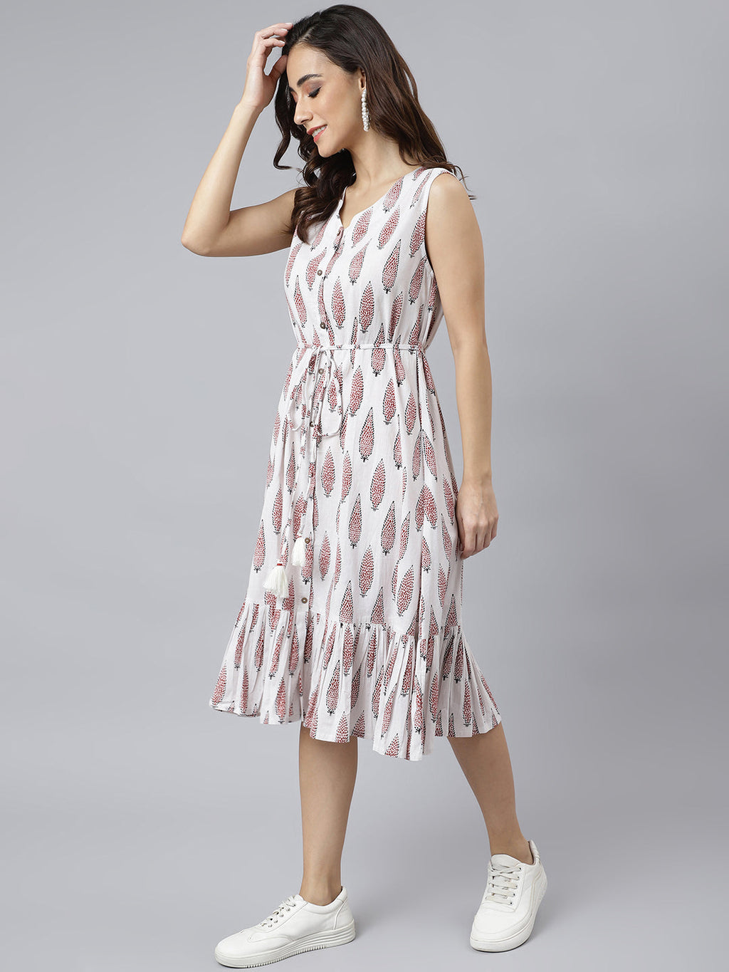 Janasya Women's White Cotton Ethnic Motifs Flared Western Dress