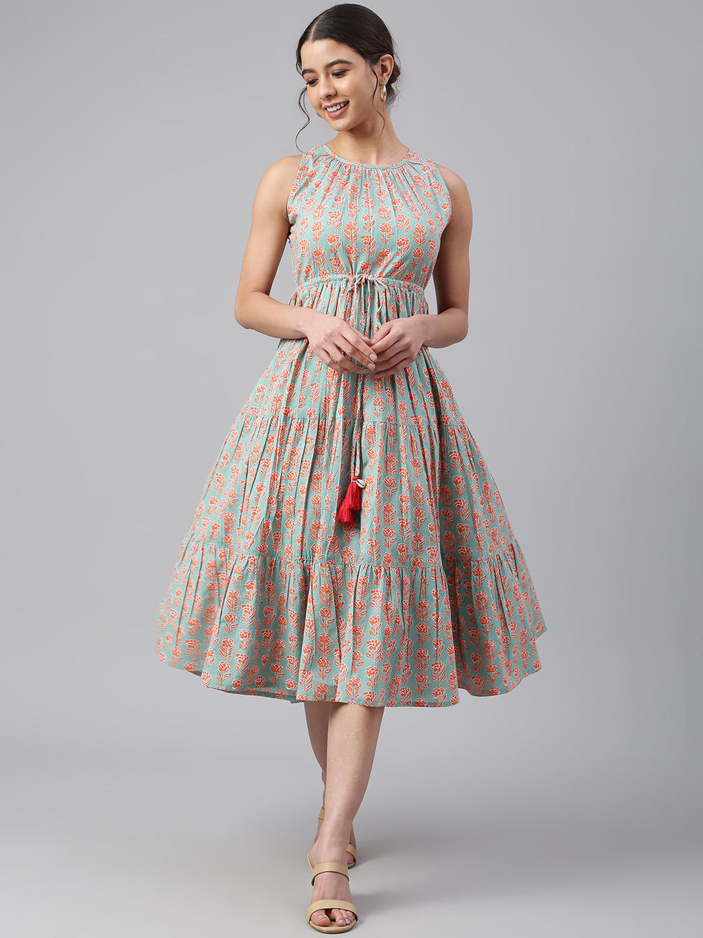 Janasya Women's Mint Green Cotton Floral Printed Tiered Western Dress