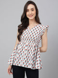 Janasya Women's White Cotton Floral Print Flared Top