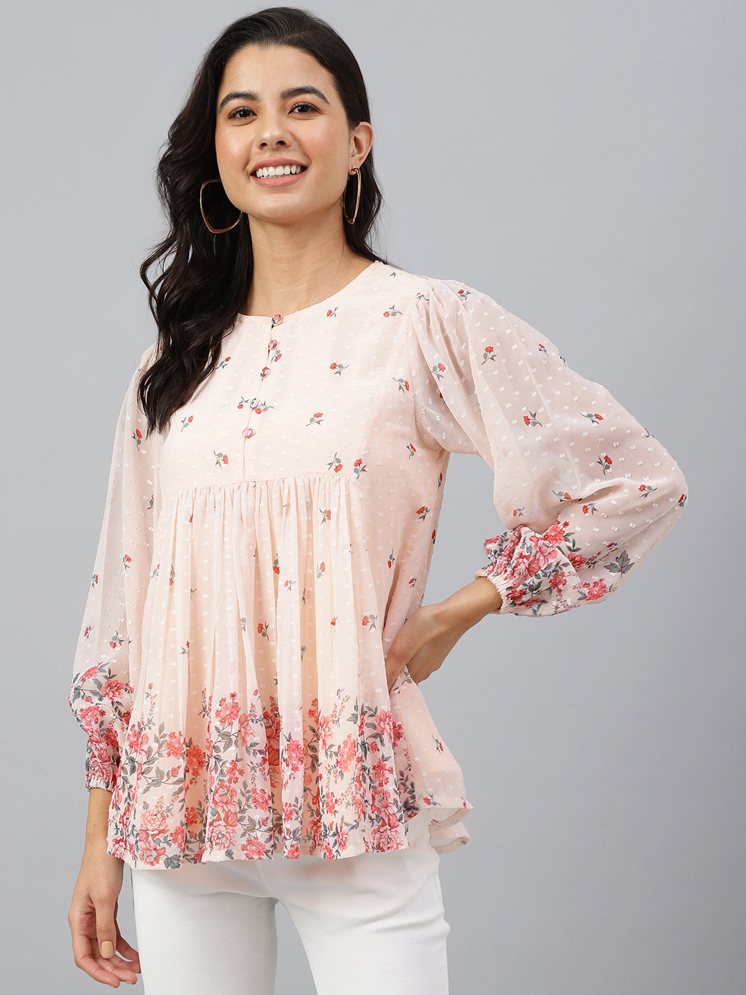 Janasya Women's Peach Georgette Floral Print Flared Top