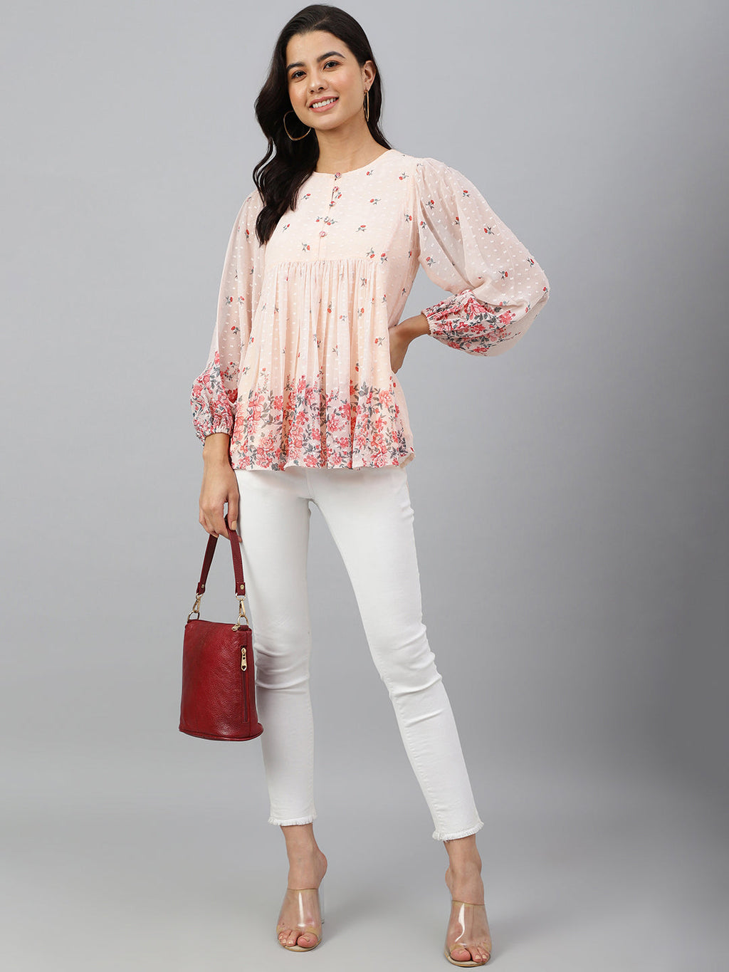 Janasya Women's Peach Georgette Floral Print Flared Top