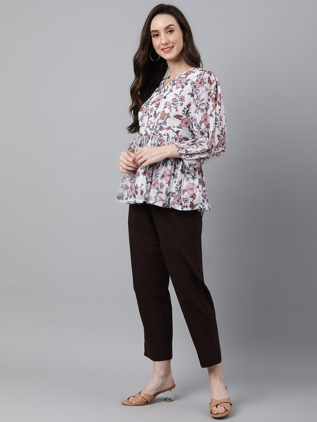 Janasya Women's White Georgette Floral Print Peplum Top