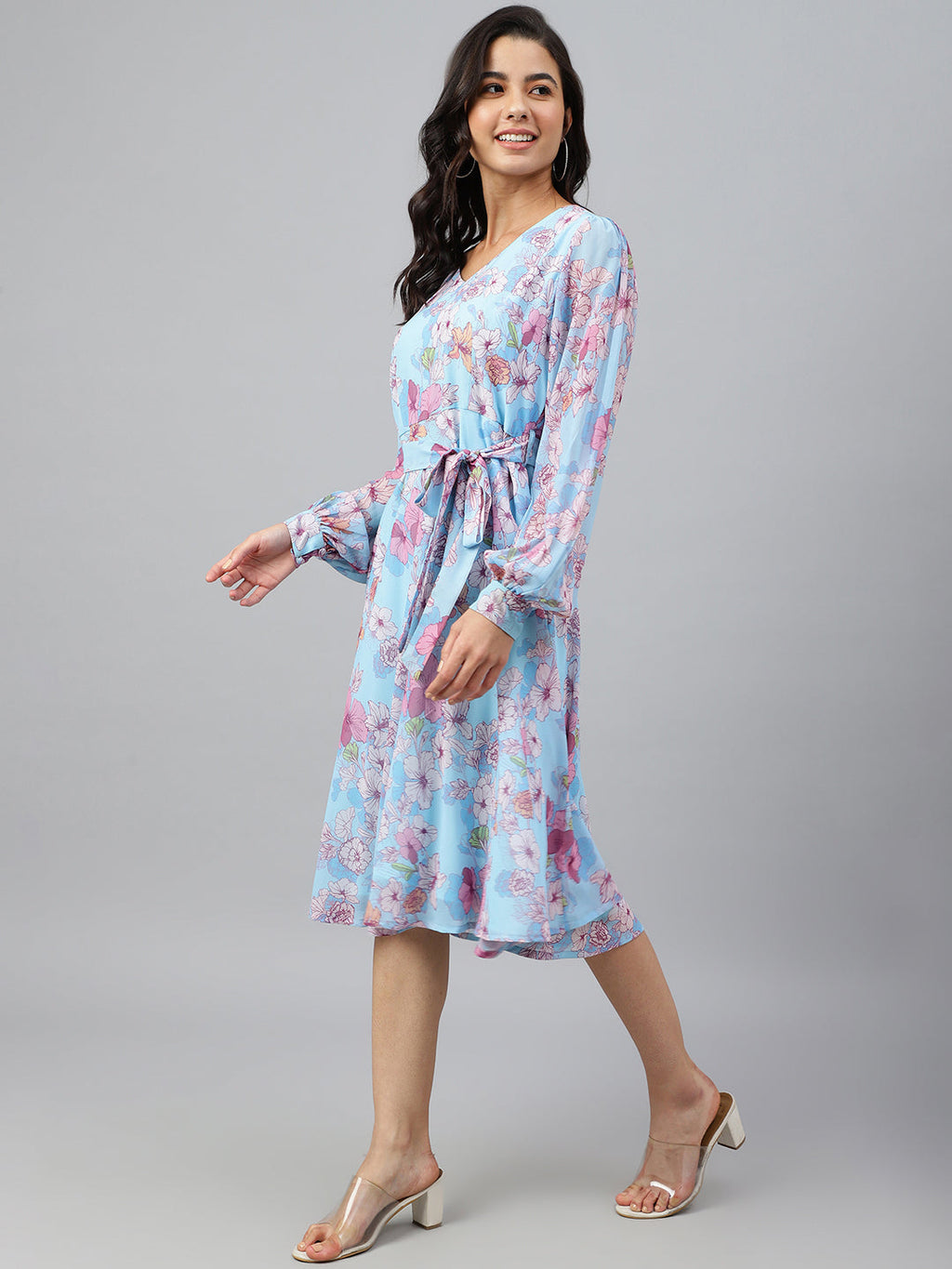 Janasya Women's Sky Blue Georgette Floral Printed Flared Western Dress