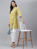 Janasya Women's Yellow Cotton Floral Print Casual Empire Tunic
