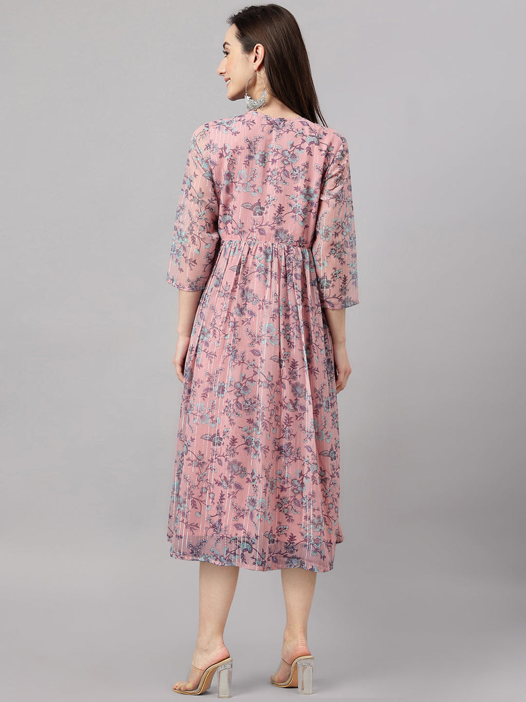 Janasya Women's Pink Chiffon Lurex Floral Printed Flared Casual Dress