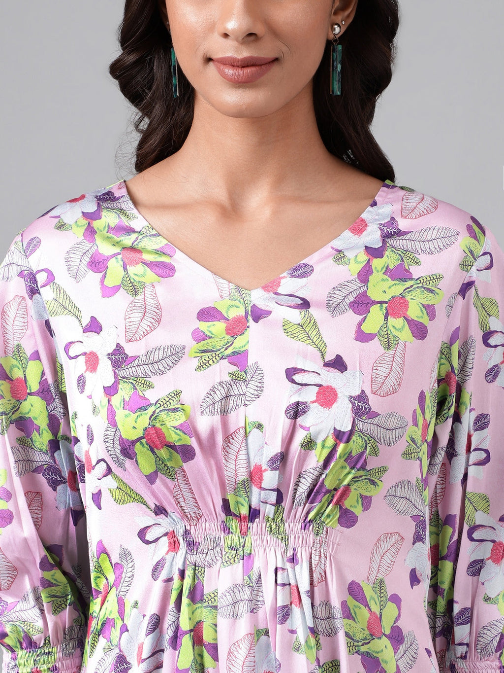 Janasya Women's Lavender Satin Digital Floral Printed A-line Casual Dress
