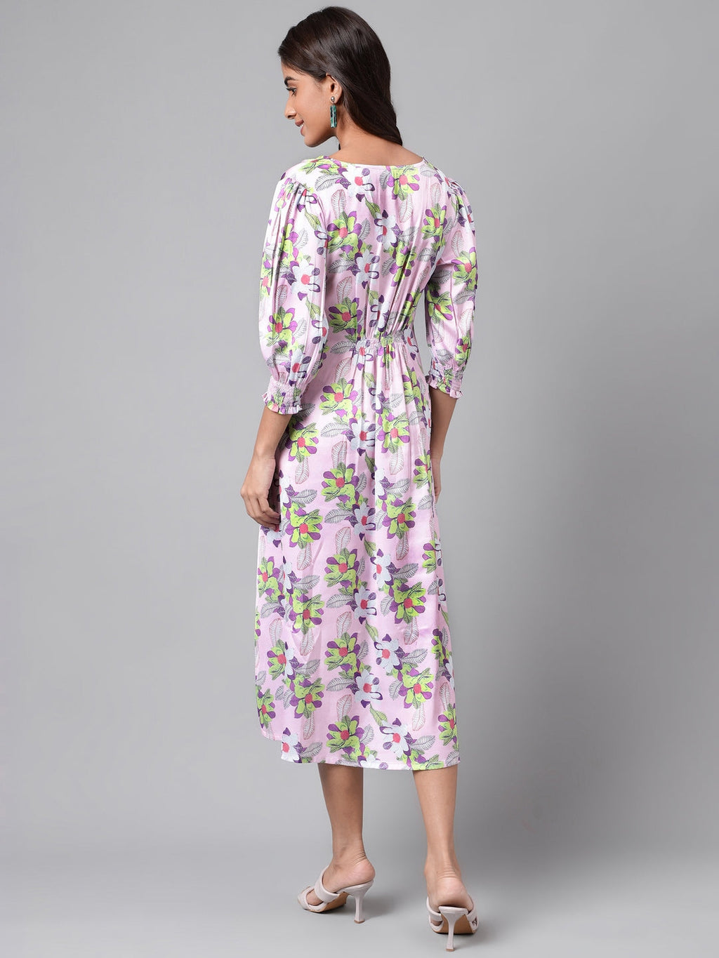 Janasya Women's Lavender Satin Digital Floral Printed A-line Casual Dress
