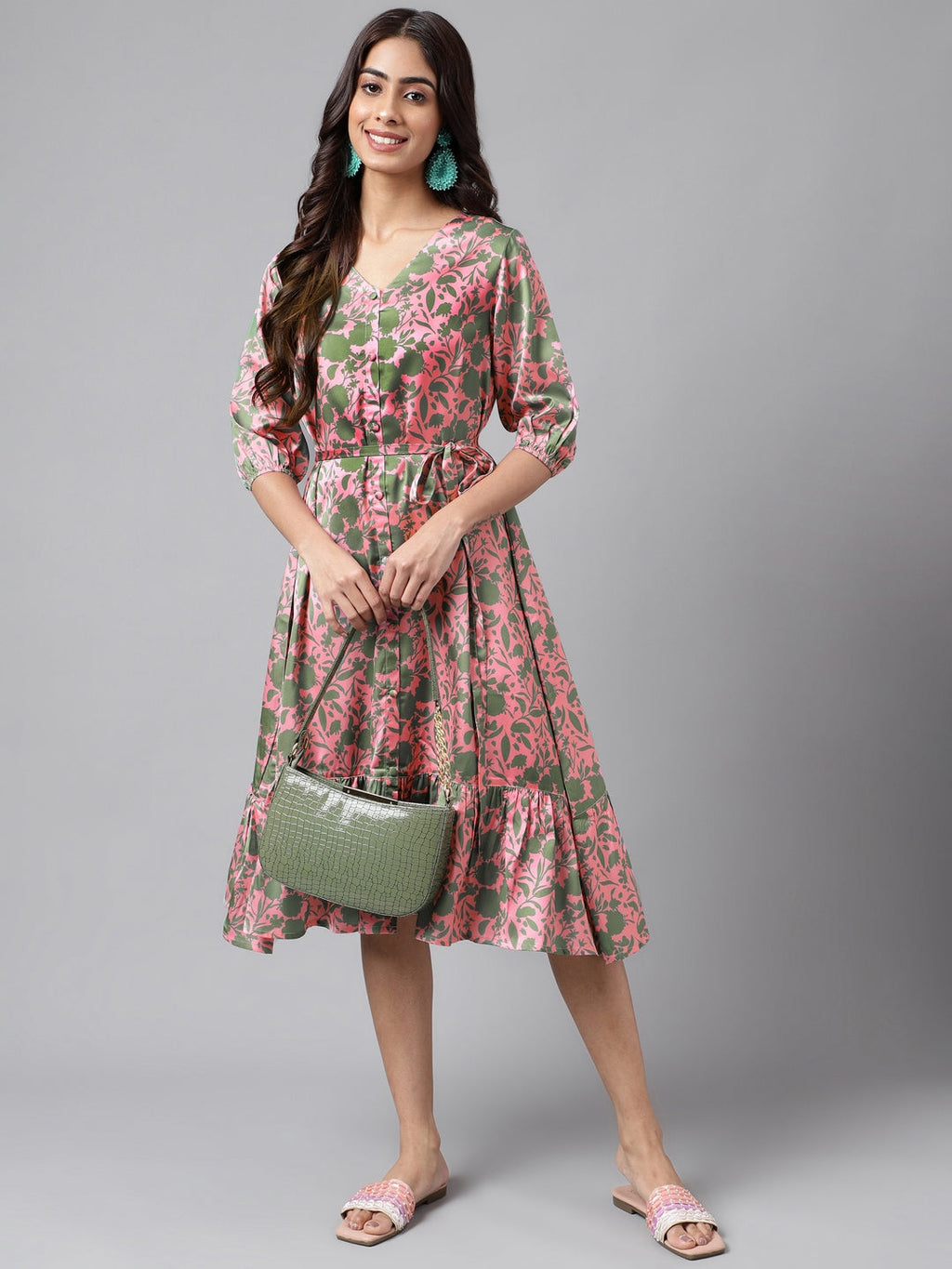 Janasya Women's Pink Satin Digital Floral Printed A-line Ethnic Dress