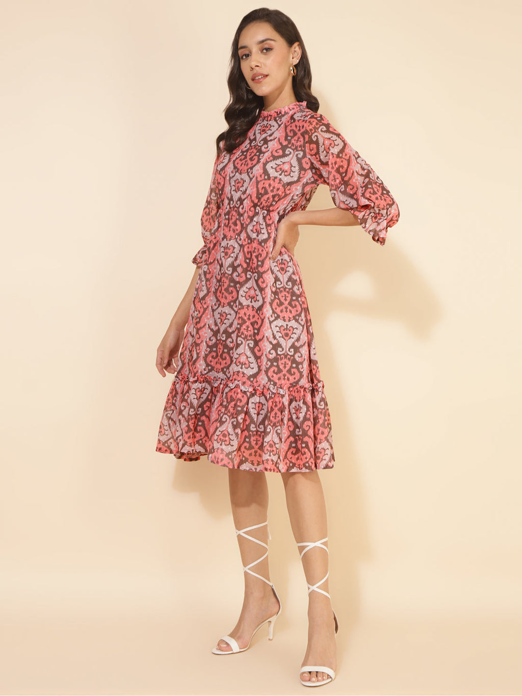 Janasya Women's Peach Dobby Georgette Ikkat Printed Casual Dress