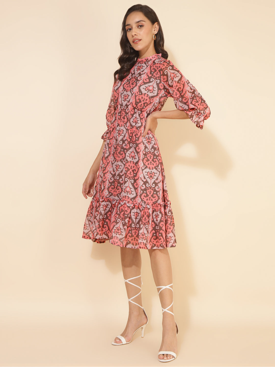 Janasya Women's Peach Dobby Georgette Ikkat Printed Casual Dress