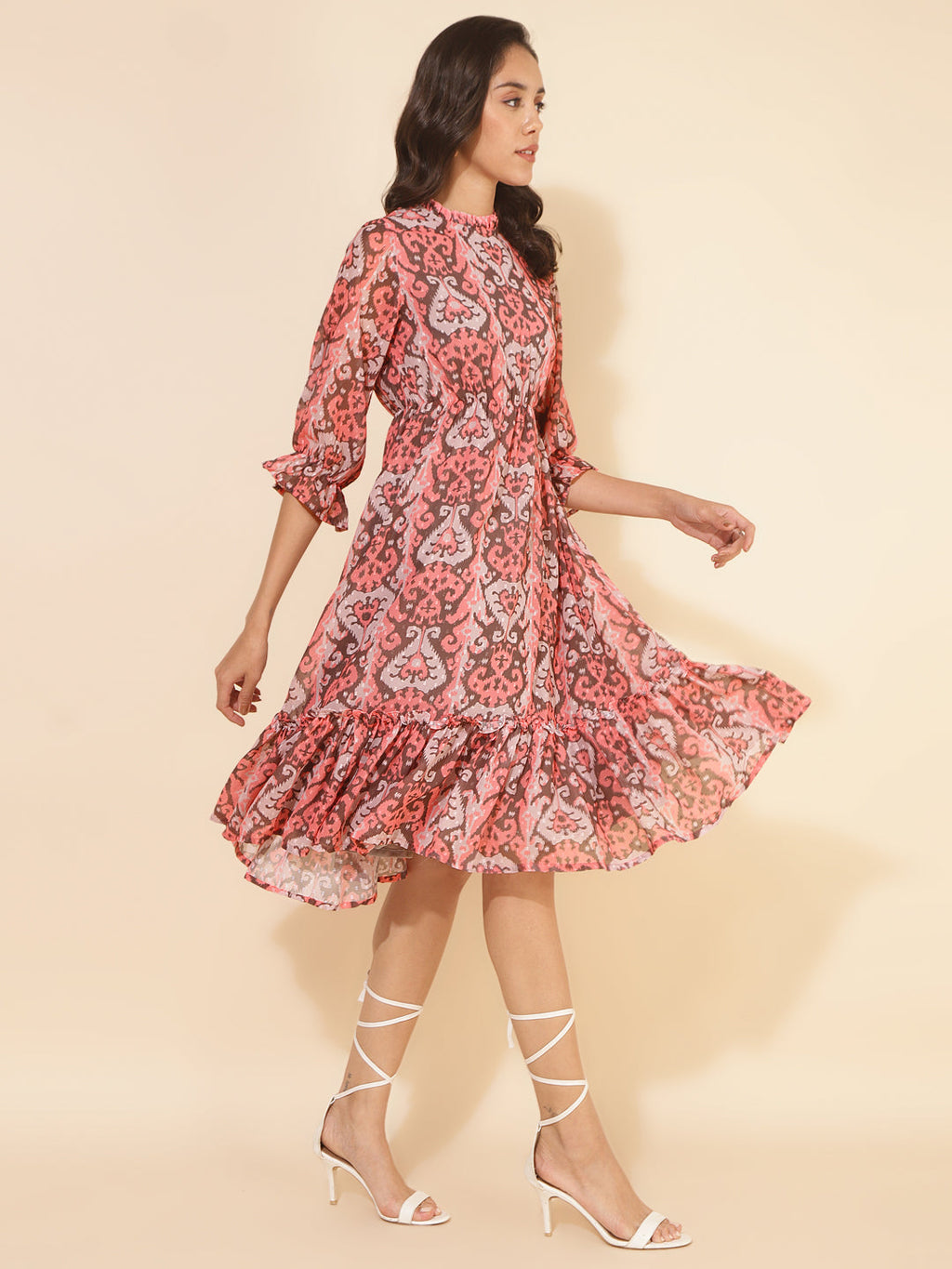 Janasya Women's Peach Dobby Georgette Ikkat Printed Casual Dress