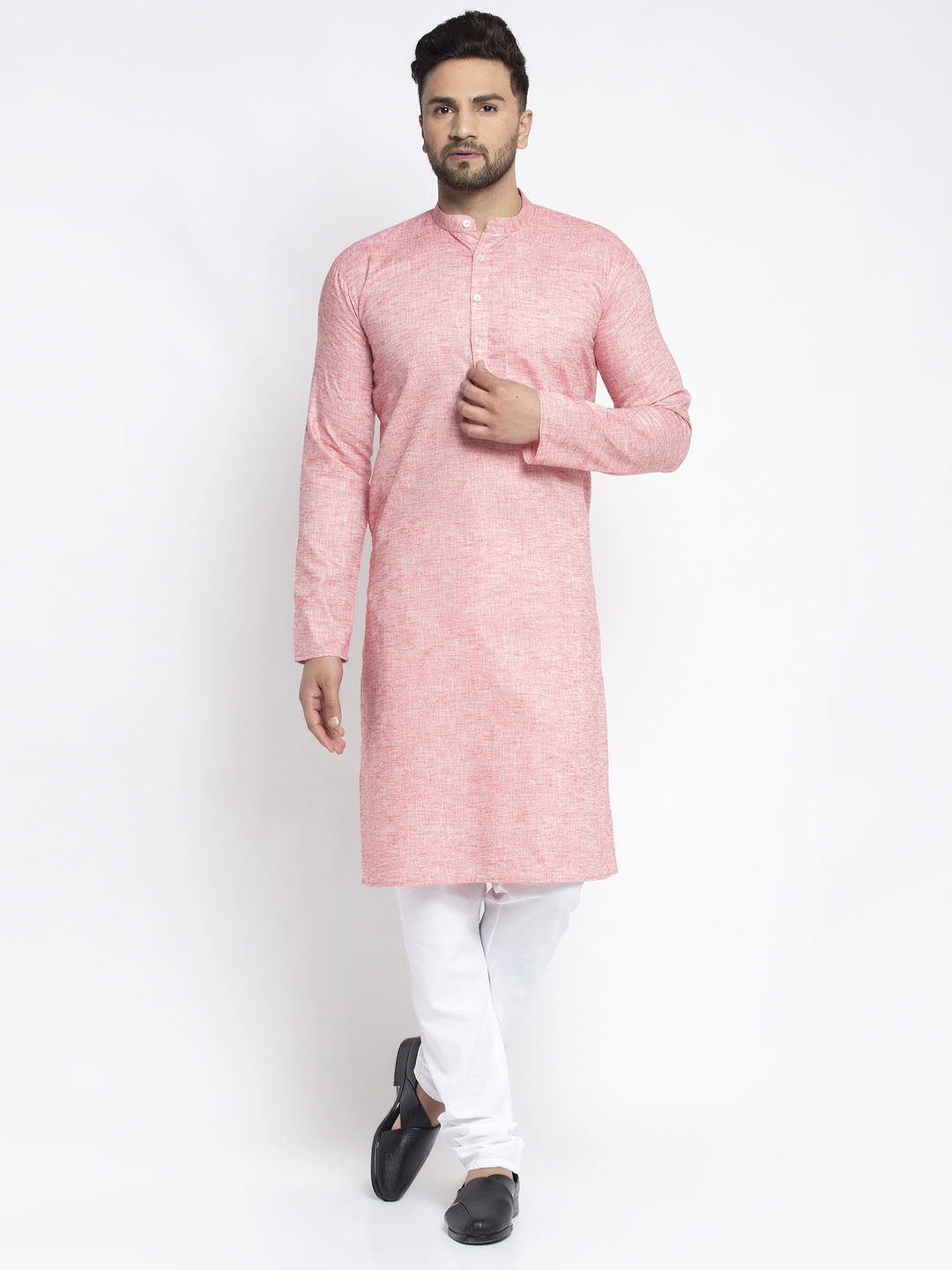 Jompers Men Pink & White Self Design Kurta with Pyjamas
