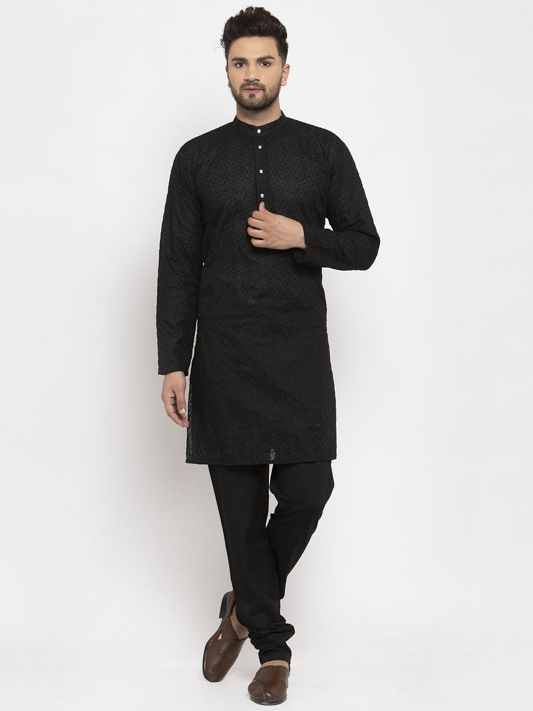 Jompers Men Black Chikan Kurta with Churidar