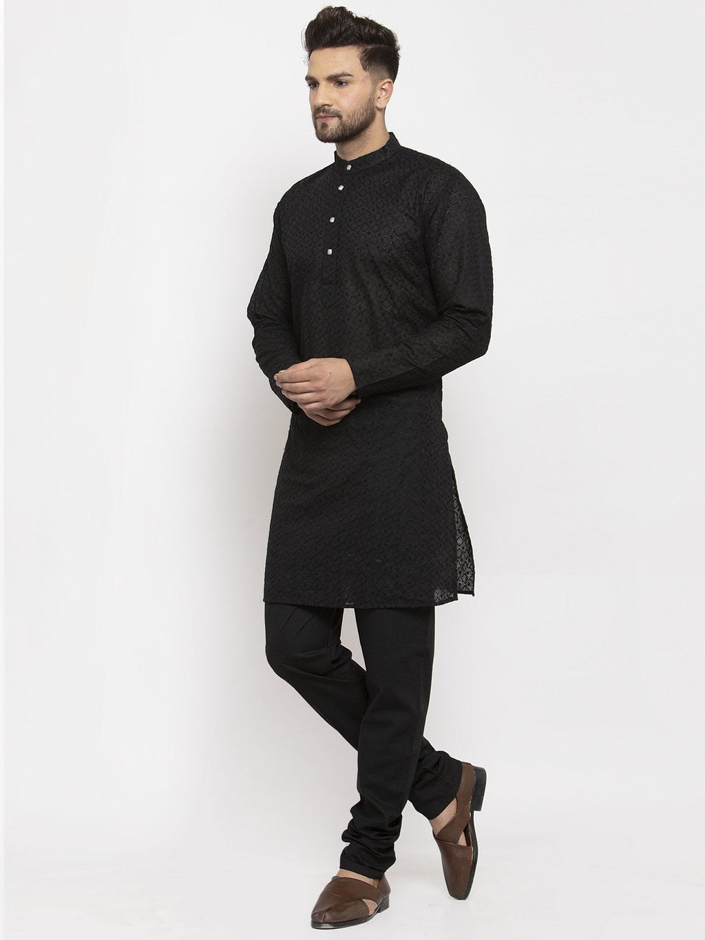 Jompers Men Black Chikan Kurta Only