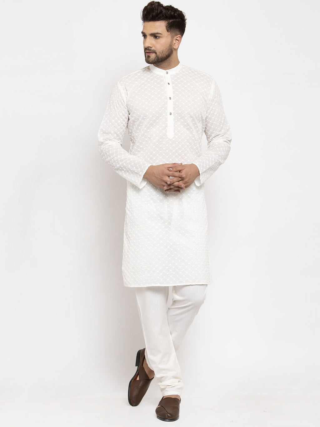 Jompers Men Cream Chikan Kurta with Churidar