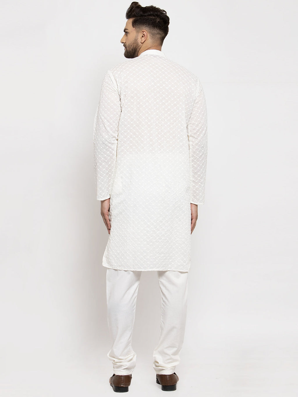 Jompers Men Cream Chikan Kurta with Churidar