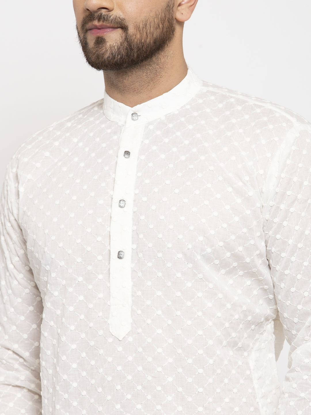 Jompers Men Cream Chikan Kurta with Churidar