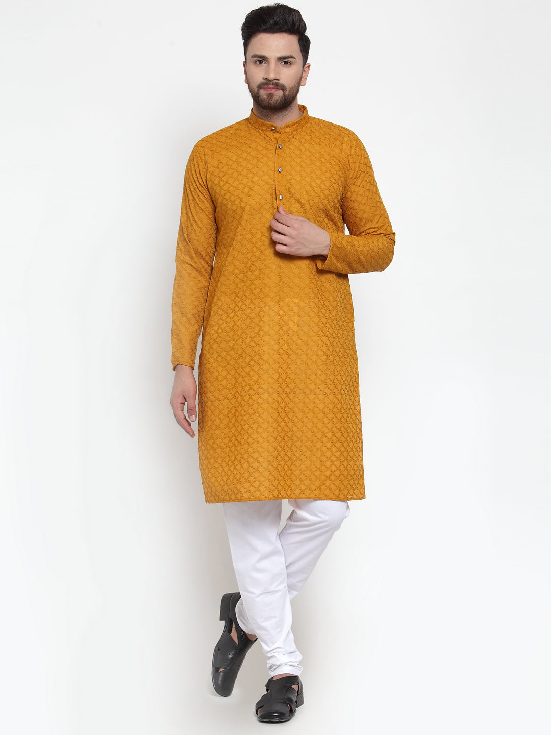 Jompers Men Mustard Chikan Kurta with Churidar
