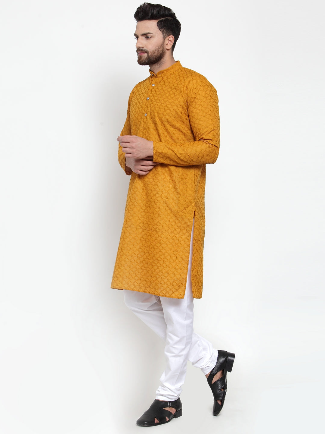 Jompers Men Mustard Chikan Kurta with Churidar