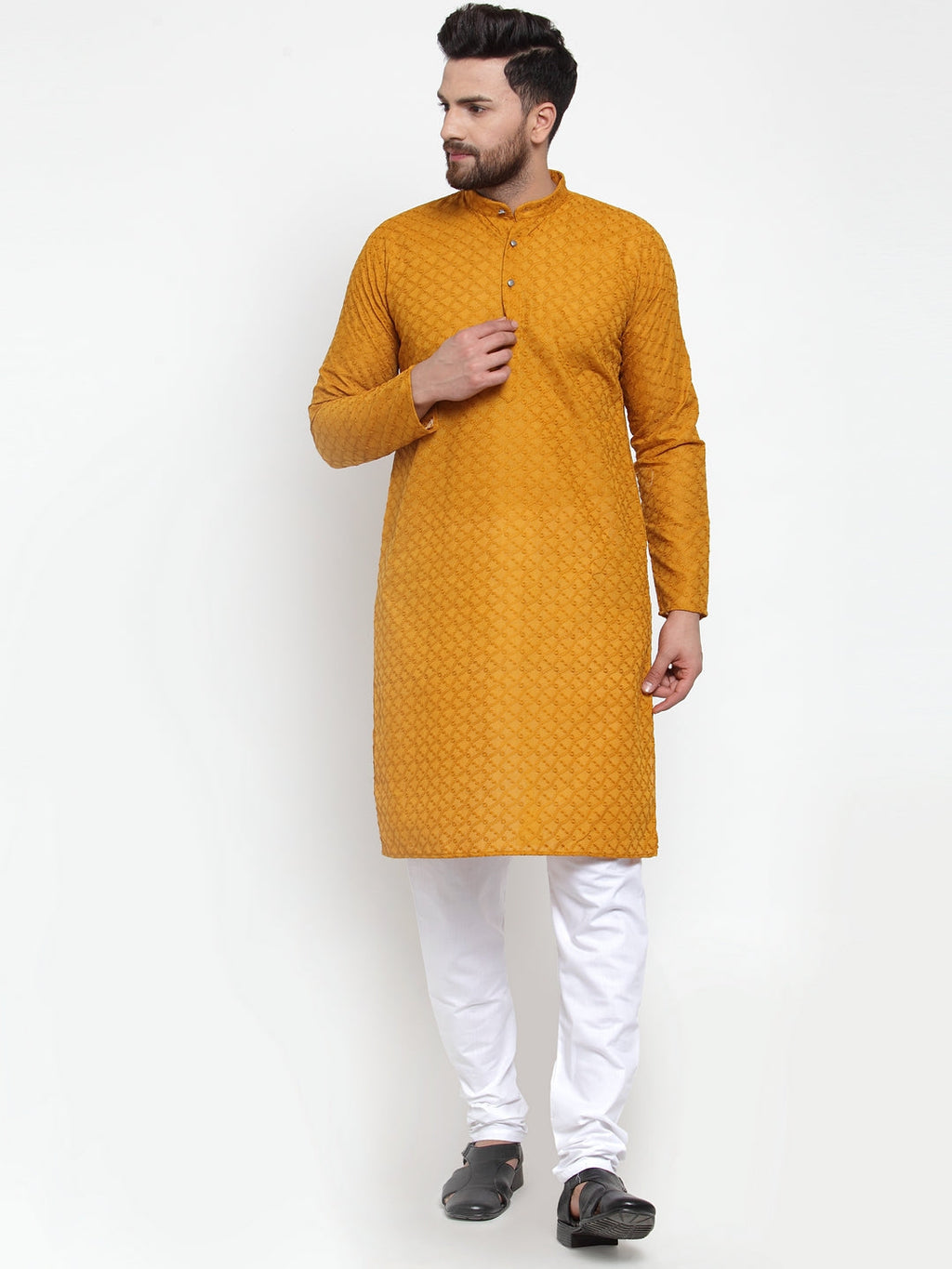 Jompers Men Mustard Chikan Kurta with Churidar
